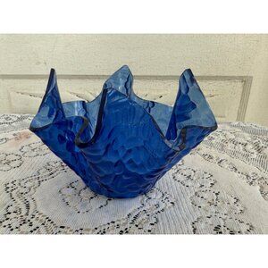 Vintage MCM Chance Brothers Blue Handkerchief Vase Bowl
